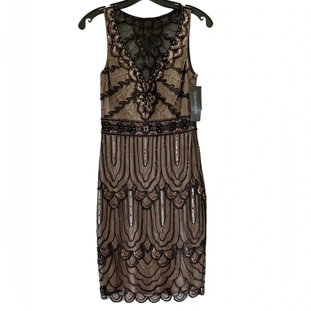 SUE WONG 4 Black Nude Beaded Sequin embellished Formal Cocktail dress